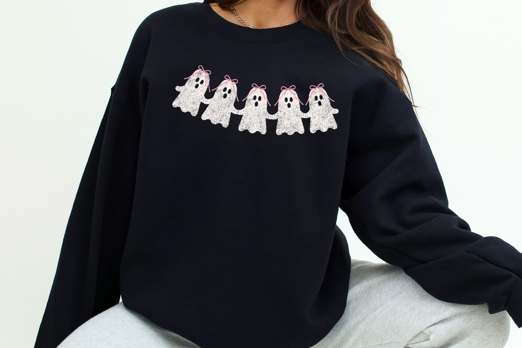 Cute Ghosts Graphic Tee, Halloween Ghost Distressed Style Crewneck Sweatshirt