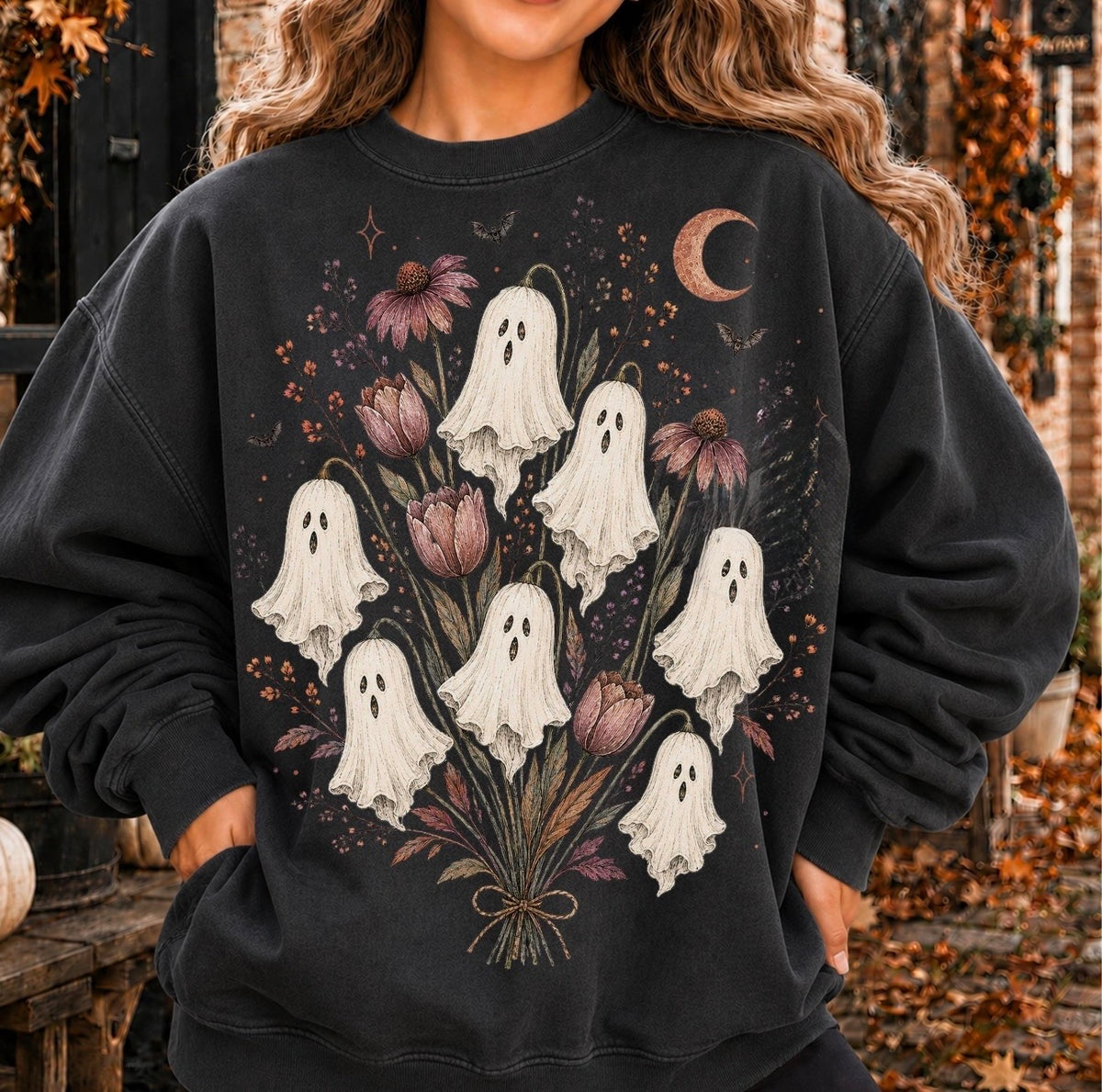 Fall Graphic Tee, Fall Floral Ghosts Crewneck Sweatshirt