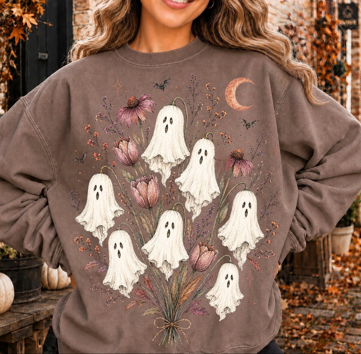 Fall Graphic Tee, Fall Floral Ghosts Crewneck Sweatshirt