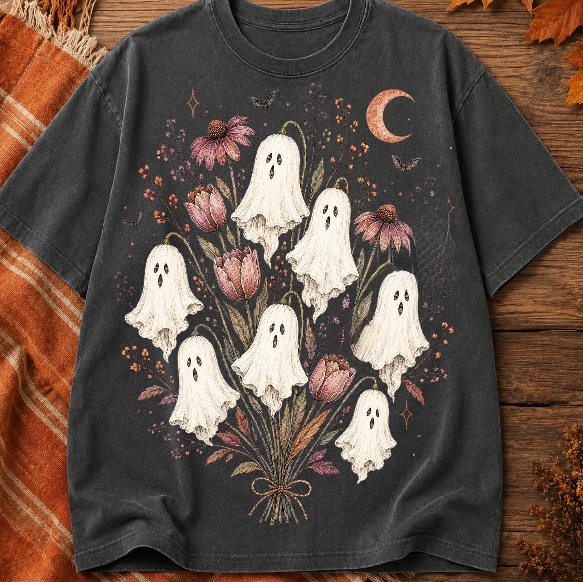 Fall Graphic Tee, Fall Floral Ghosts Crewneck Sweatshirt