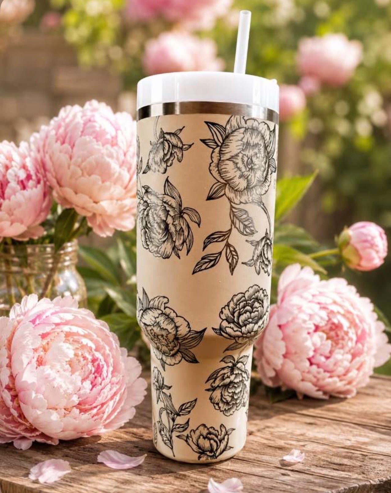 Peony Flower Tumbler, Custom Engraved Drinkware, 40 oz Tumbler