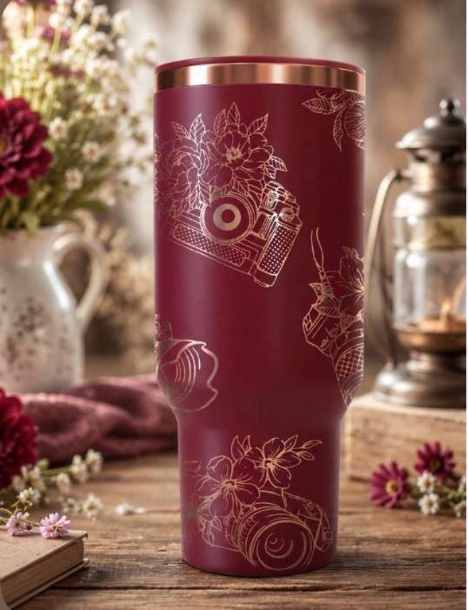 Camera Floral Tumbler, Photography Water bottle, Custom Engraved Drinkware, 40 oz Tumbler