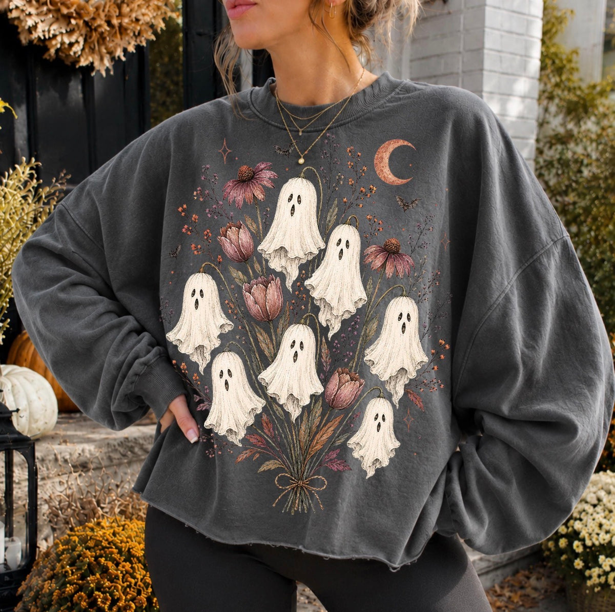 Fall Graphic Tee, Fall Floral Ghosts Crewneck Sweatshirt