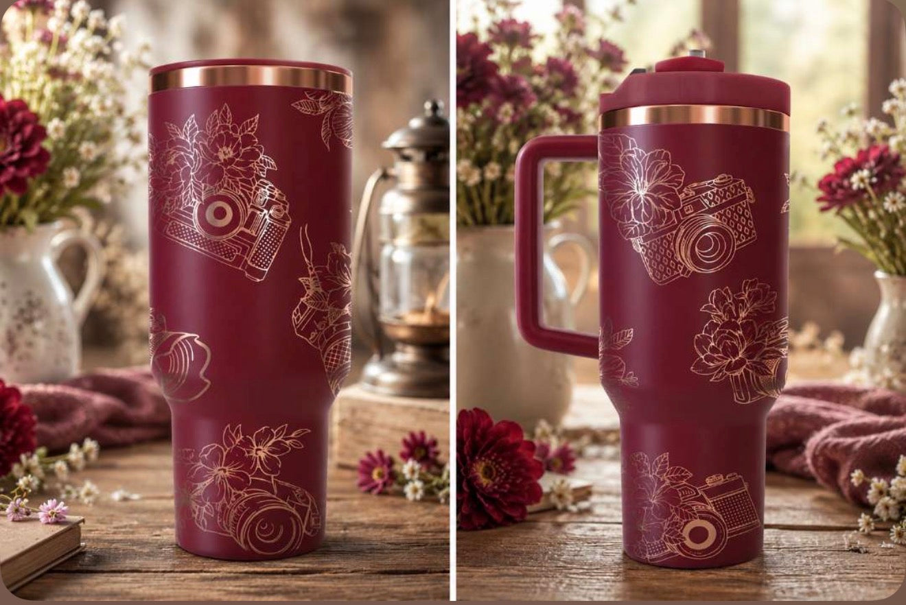 Camera Floral Tumbler, Photography Water bottle, Custom Engraved Drinkware, 40 oz Tumbler