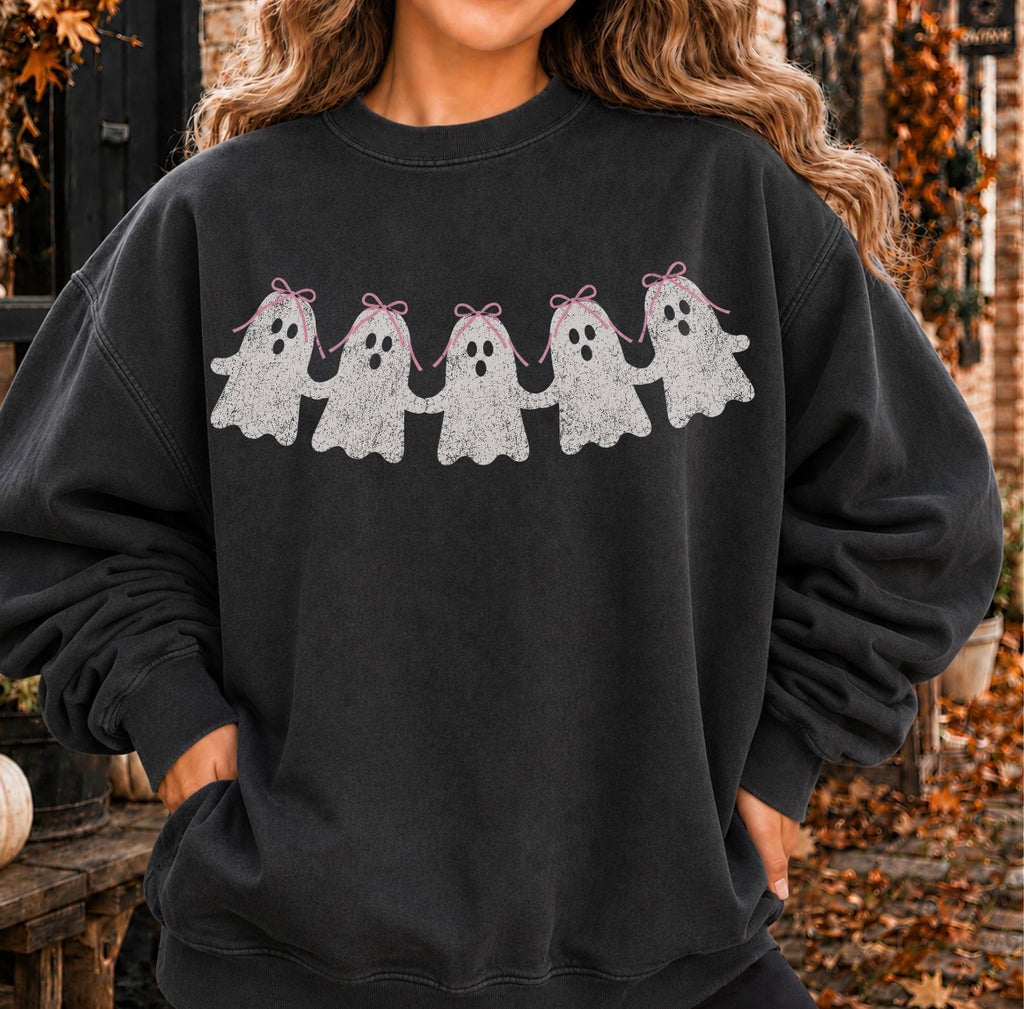 Cute Ghosts Graphic Tee, Halloween Ghost Distressed Style Crewneck Sweatshirt