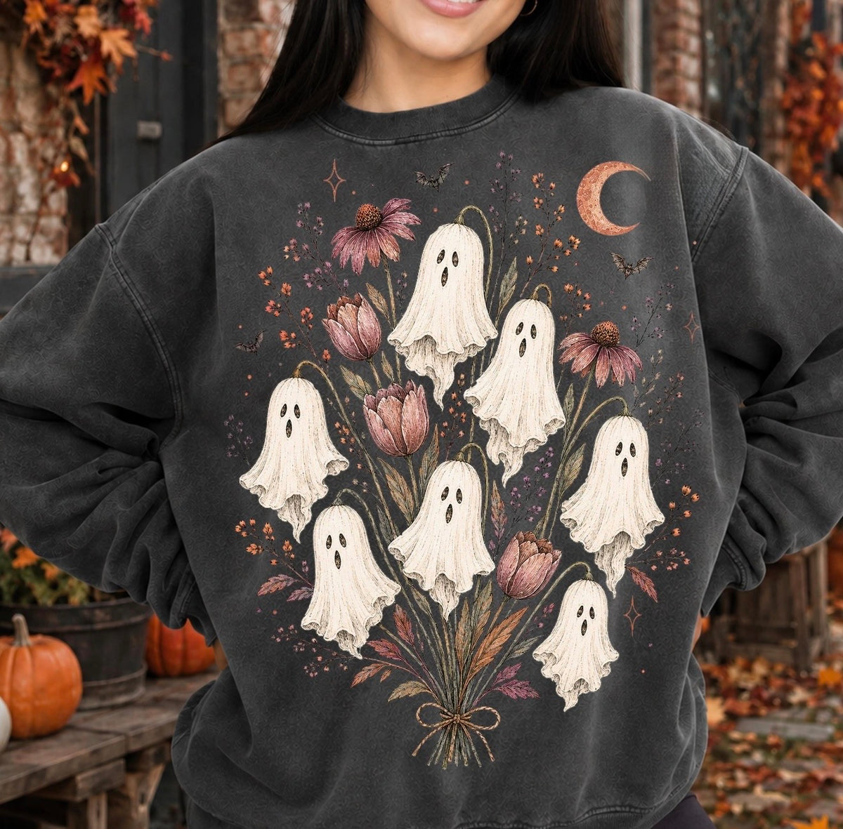 Fall Graphic Tee, Fall Floral Ghosts Crewneck Sweatshirt