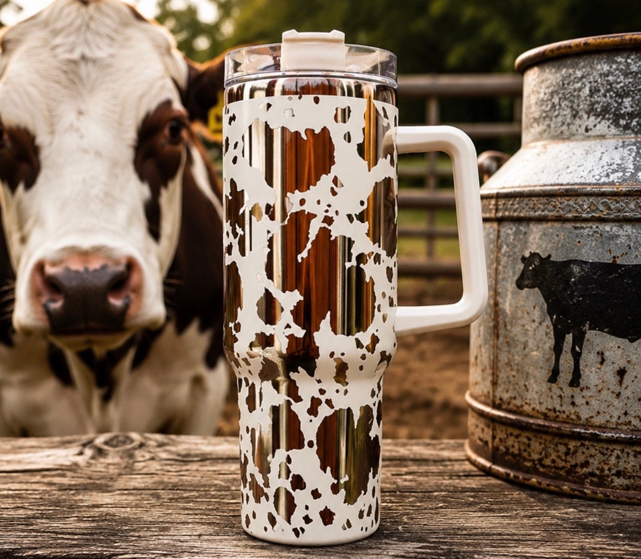 Cow Print Tumbler, Country Western Cup, Custom Engraved Drinkware, 40 oz Tumbler
