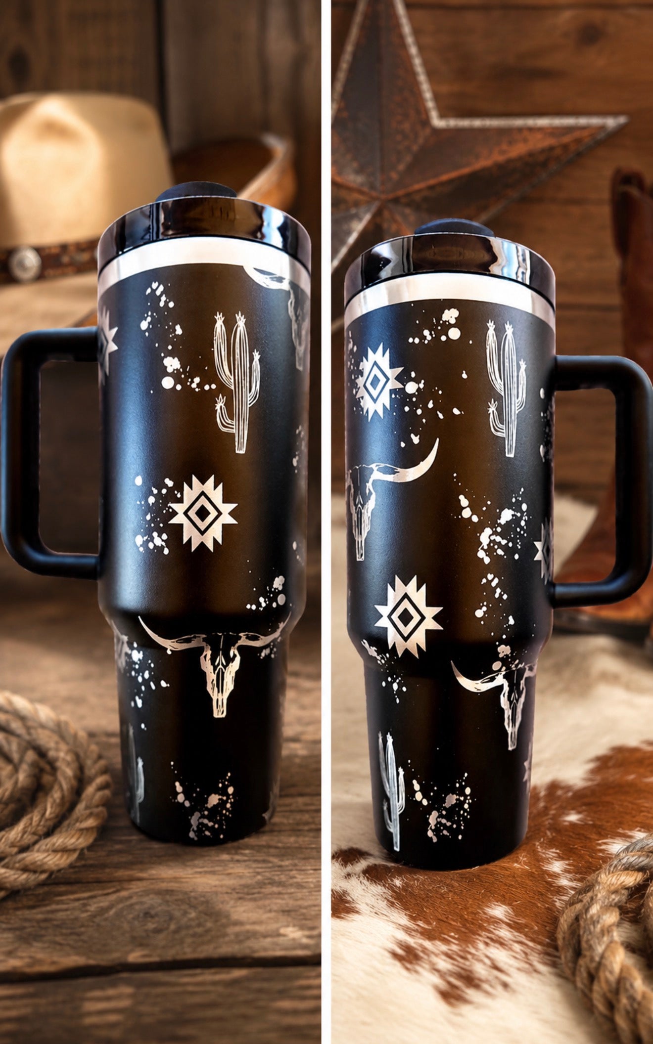 Boho Aztec Cactus Tumbler, Country Western Cup, Custom Engraved Drinkware, 40 oz Tumbler