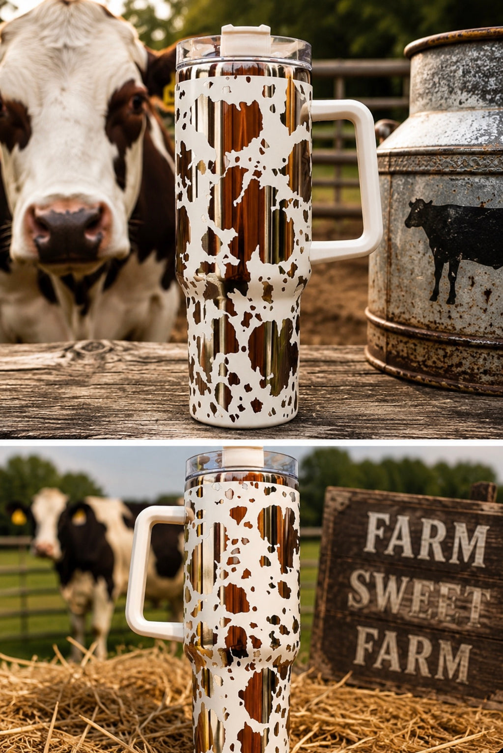 Cow Print Tumbler, Country Western Cup, Custom Engraved Drinkware, 40 oz Tumbler