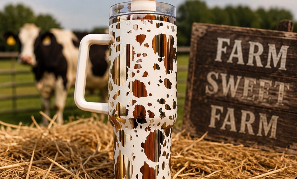 Cow Print Tumbler, Country Western Cup, Custom Engraved Drinkware, 40 oz Tumbler