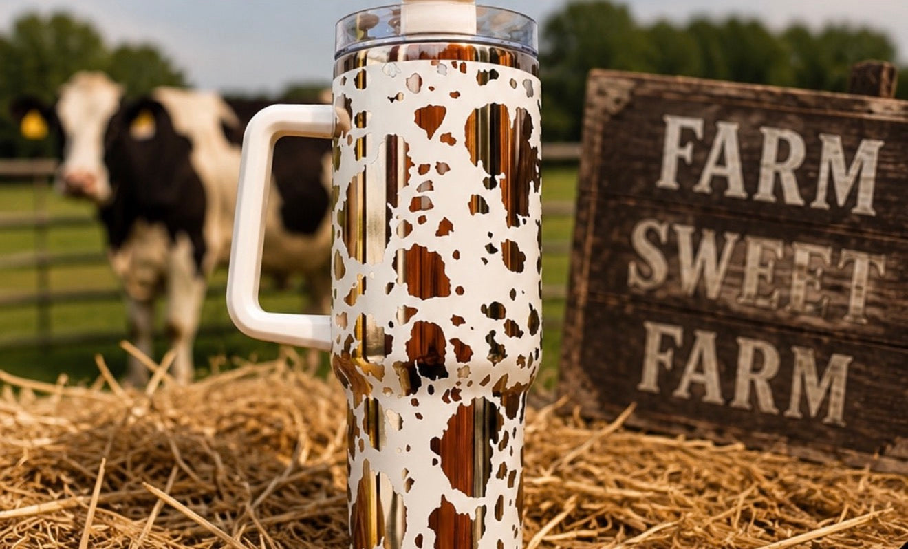 Cow Print Tumbler, Country Western Cup, Custom Engraved Drinkware, 40 oz Tumbler